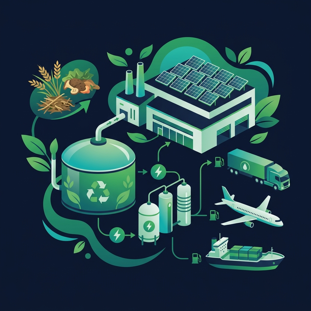 Bio5 Waste to Clean Energy - Biogas production process showing agricultural waste conversion to clean fuel for land, air and sea transport